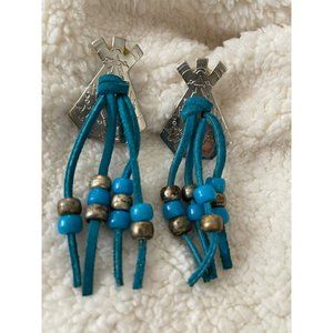 Vintage Silver Tone Pony Bead Blue Leather Teepee Pierced Earrings